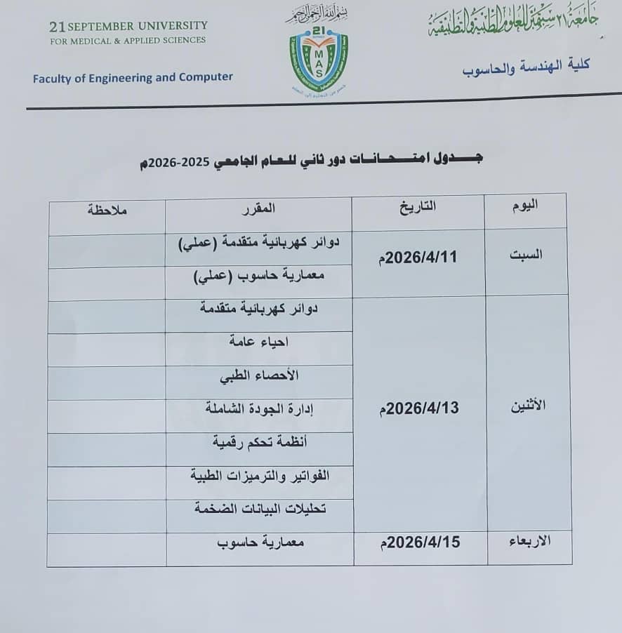 جدول امتحانات دور ثاني للعام الجامعي 2025- 2026م