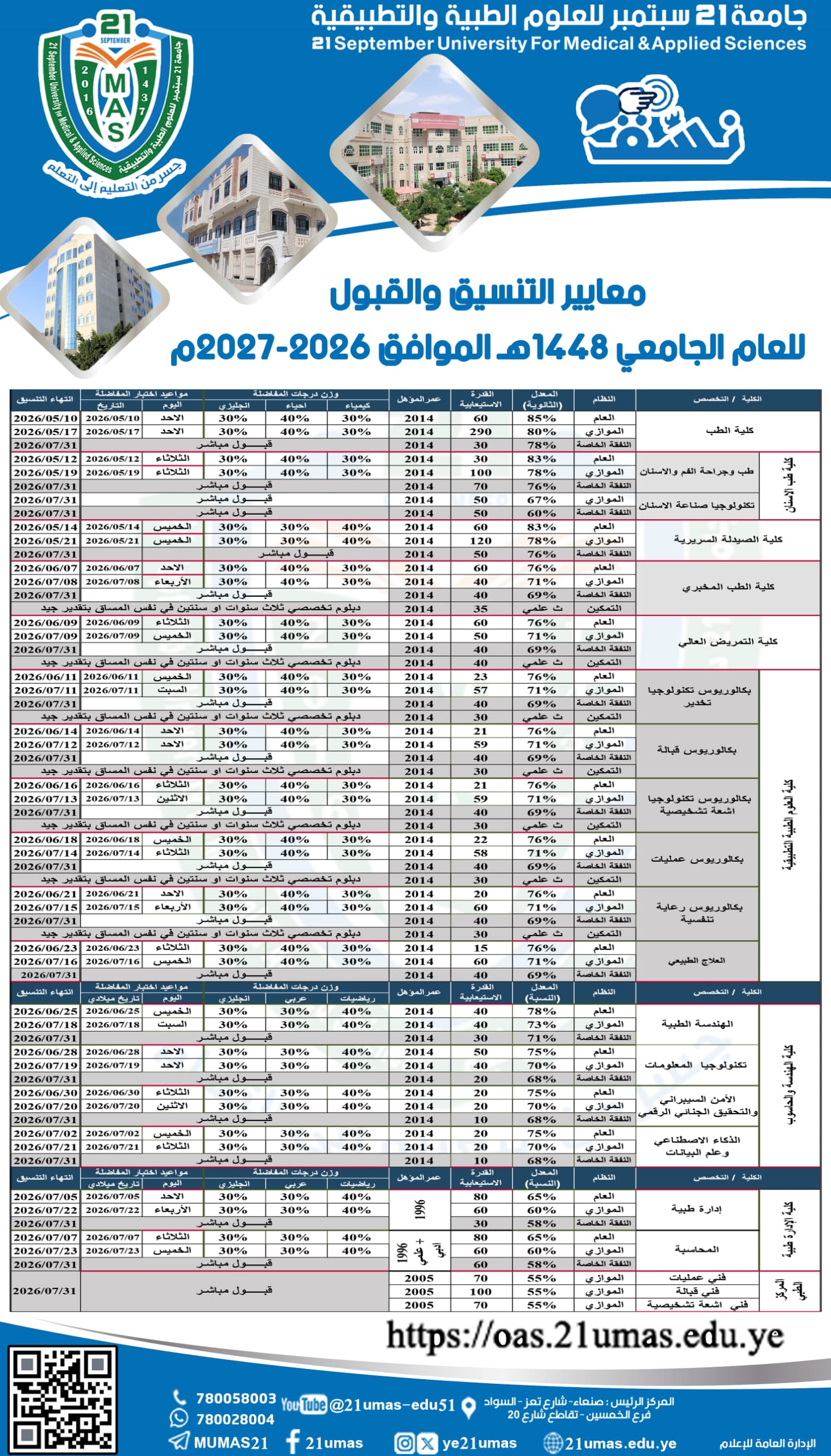 معايير التنسيق والقبول للعام الجامعي 1448هـ 2027/2026م مع مواعيد اختبار القبول