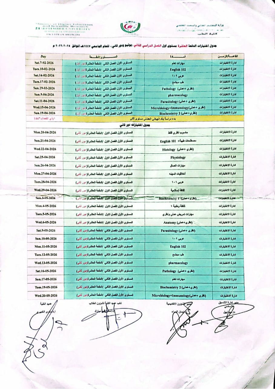 جدول اختبارات الدفعة العاشرة مستوى اول
